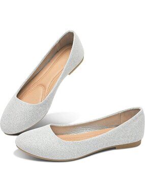 Obtaom Women Silver Glitter Textile Closed Round Toe Slip on Ballet Flats Shoes